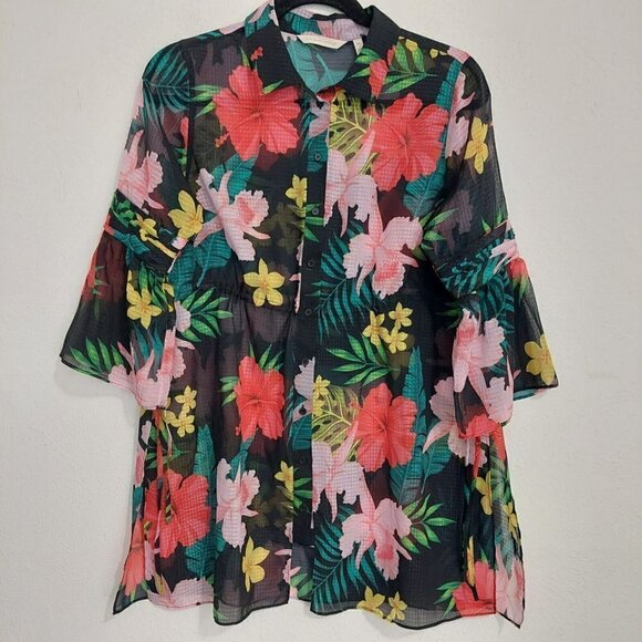 Soft Surroundings Tropical Moonlight Tunic Cami Top Shirt Black Floral Sheer‎ PS - Picture 2 of 10